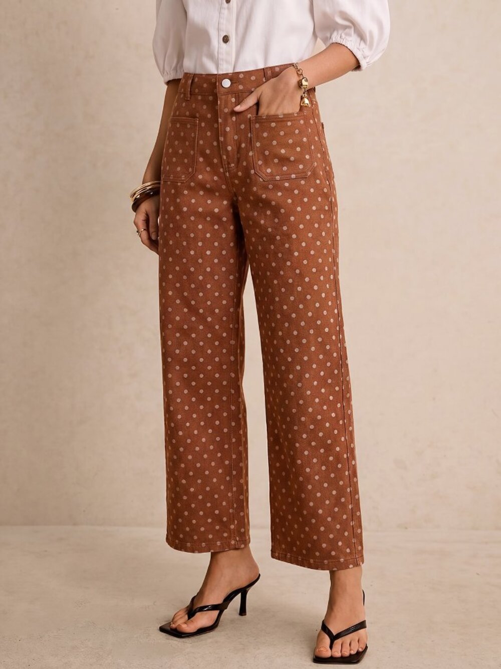 Brown Elegant Women's Button Pocket Cropped Straight Leg Jeans